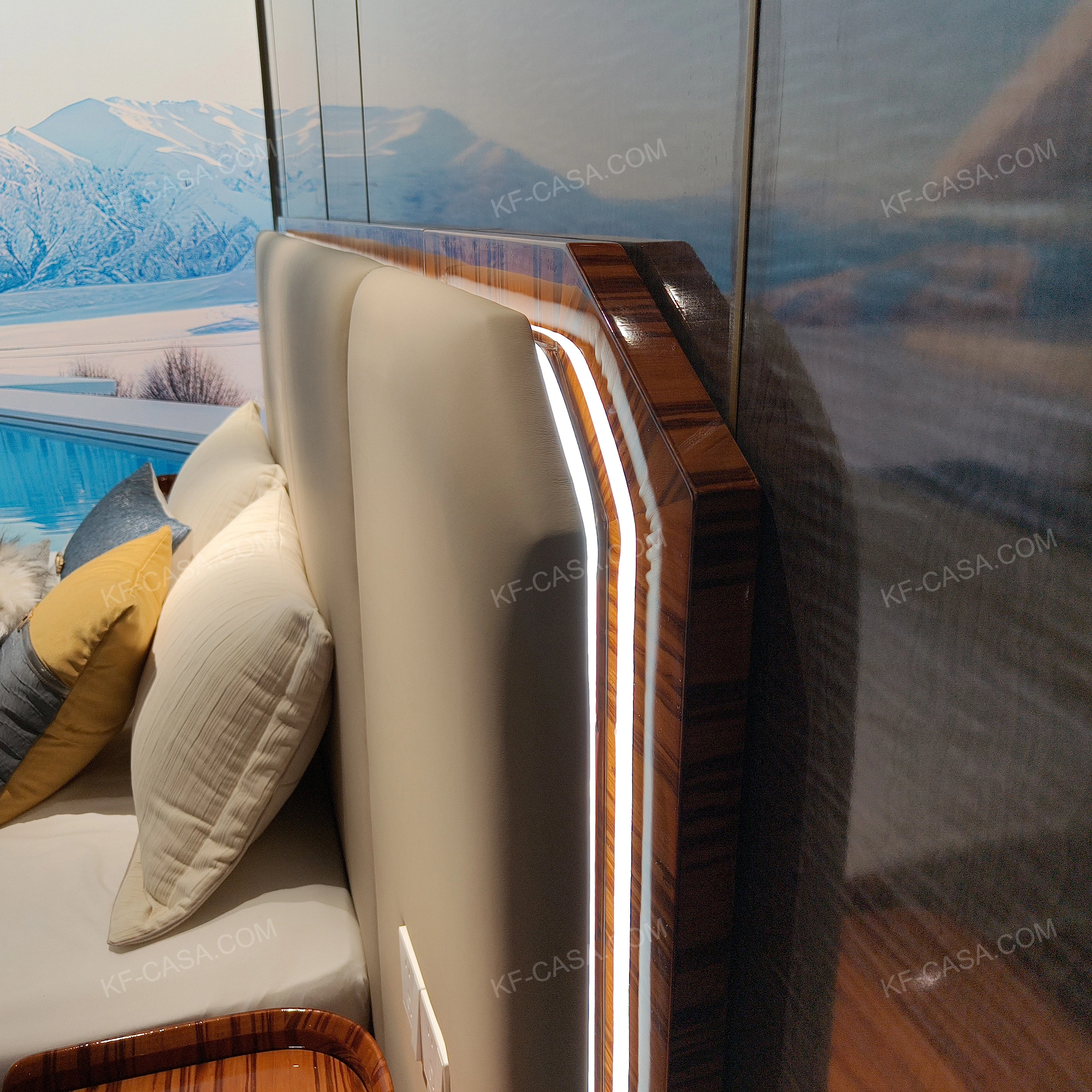 Soft Beige Upholstered Bed with Natural Wood Veneer Trim & Integrated Ambient Lighting